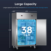 48" W Commercial Refrigerator Freezer Combo 2 Temperature Zones 38 Cu.ft Industrial Fridge and Freezer Combo 8 Adjustable Shelve