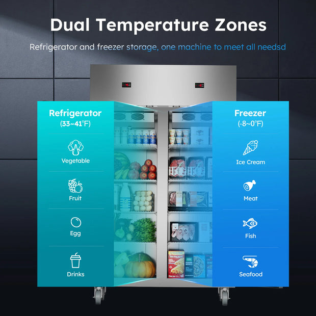 48" W Commercial Refrigerator Freezer Combo 2 Temperature Zones 38 Cu.ft Industrial Fridge and Freezer Combo 8 Adjustable Shelve