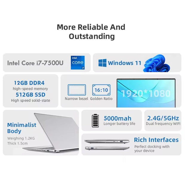 2025 Ultra Slim i7 Laptop Computer PC 14.1" intel Core i7-7500U Laptops 12GB RAM 1TB 2TB SSD Portable Laptop Notebook Windows 11