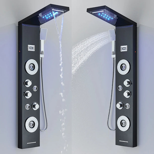 LED Shower Panel Waterfall Rain Shower Faucet Set SPA Massage Jet Bath Shower Column Temperature Display Mixer Tap Tower