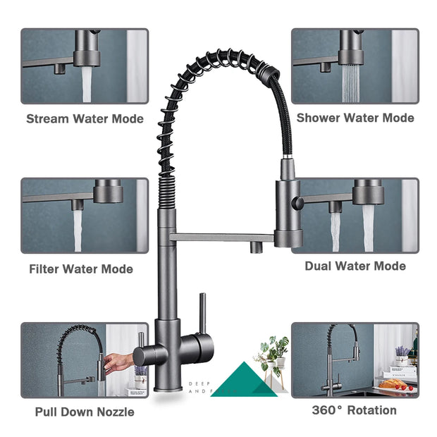 Pull Down Filter Kitchen Faucet 3 Ways Drinking Pure Water Faucets Brass 360° Flexible Purification Water Mixer Tap