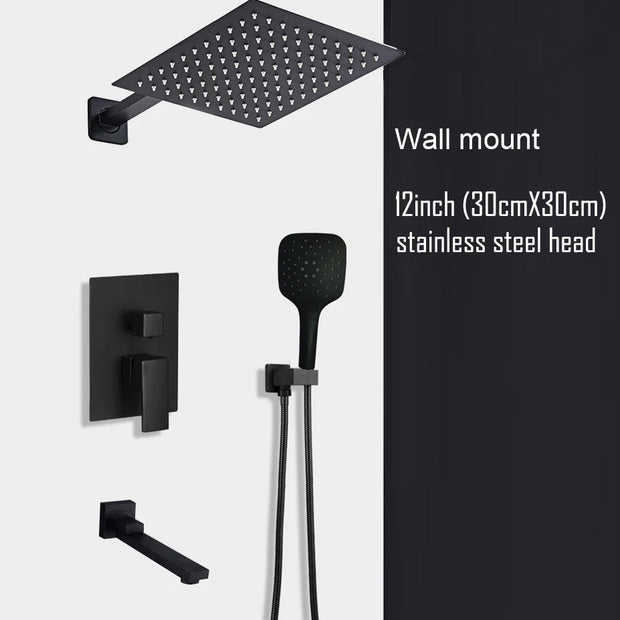 Black Shower Set Wall Mounted Shower Faucet Mixer 8inch to16inch Rainfall Bathroom Shower Tap with Handshower Rotate Bath Spout