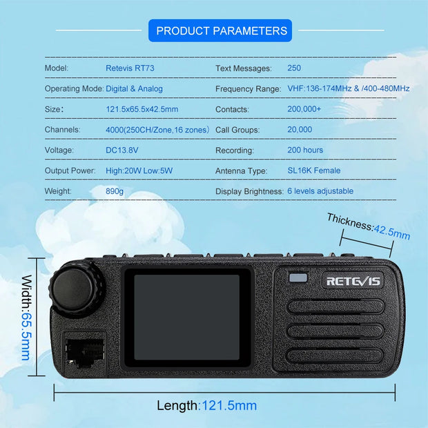 Retevis RT73 Car Radio Mobile Ham Radio VHF UHF Autoradio DMR Digital Mobile Radio Station GPS Transceiver Base for Camping