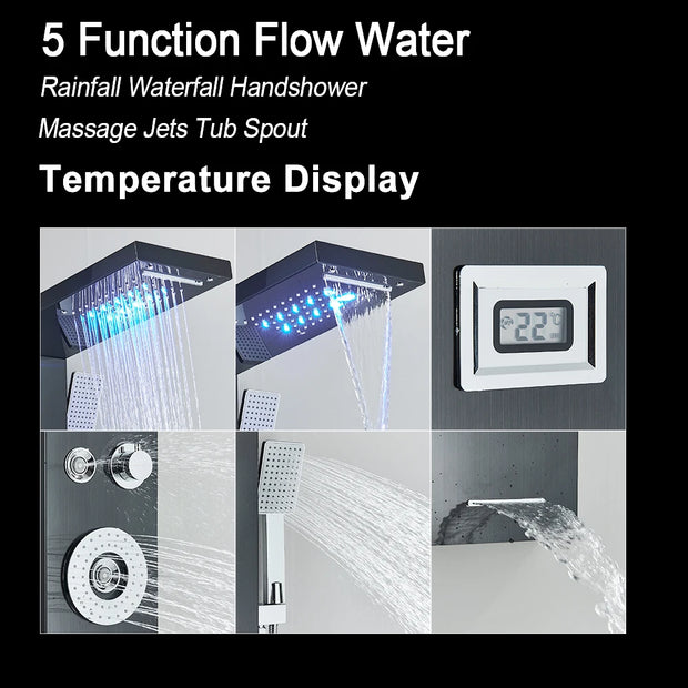 LED Shower Panel Waterfall Rain Shower Faucet Set SPA Massage Jet Bath Shower Column Temperature Display Mixer Tap Tower