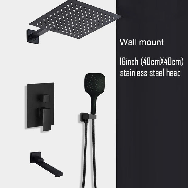 Black Shower Set Wall Mounted Shower Faucet Mixer 8inch to16inch Rainfall Bathroom Shower Tap with Handshower Rotate Bath Spout