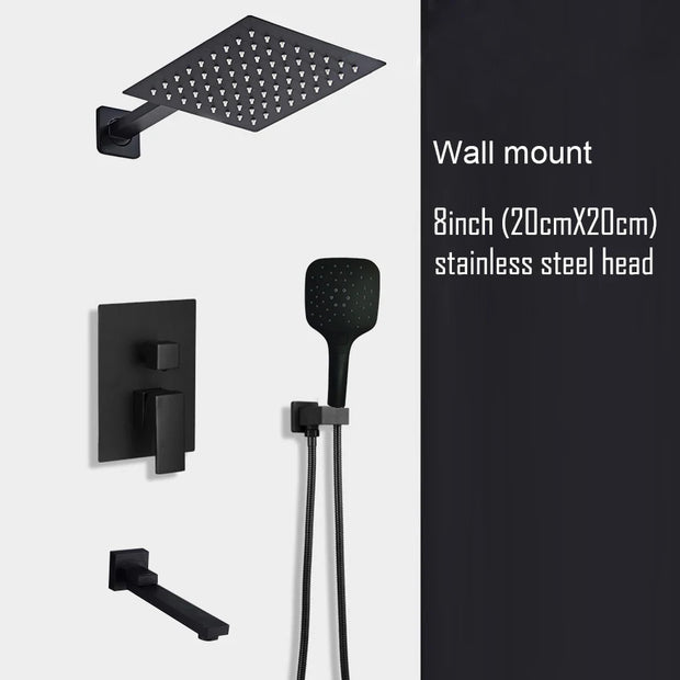 Black Shower Set Wall Mounted Shower Faucet Mixer 8inch to16inch Rainfall Bathroom Shower Tap with Handshower Rotate Bath Spout