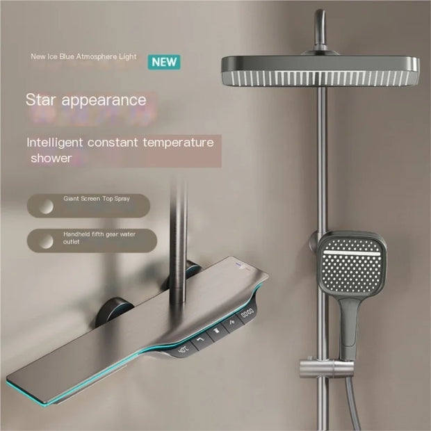 Light Luxury Intelligent Digital Display Thermostatic Shower Set With Ambient Light Piano Keys Bathroom Brass Booster Shower Set