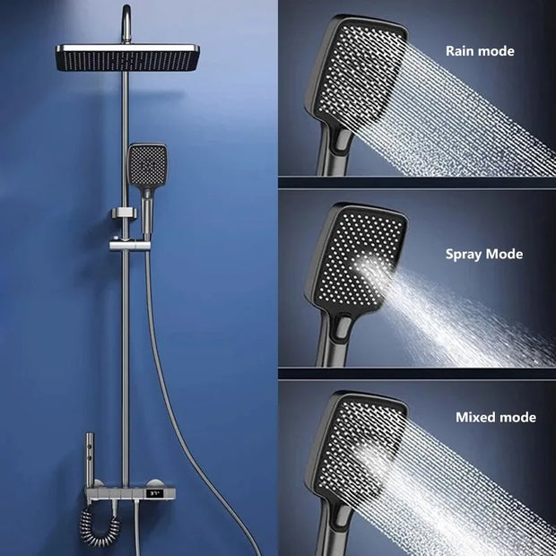 White Grey Rainfall Shower System Suit Brass LED Digital Smart Bathroom Faucet Bathtub 4 Way Square Shower Full Set with Lamp