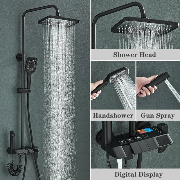 Grey Shower System Set Bathroom Brass Showers Faucet Sets Digital 4 Way LED Rain Bathtub Hot Cold Piano Key Rainfall Shower Set