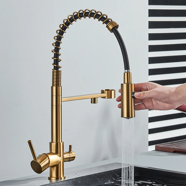 Pull Down Filter Kitchen Faucet 3 Ways Drinking Pure Water Faucets Brass 360° Flexible Purification Water Mixer Tap