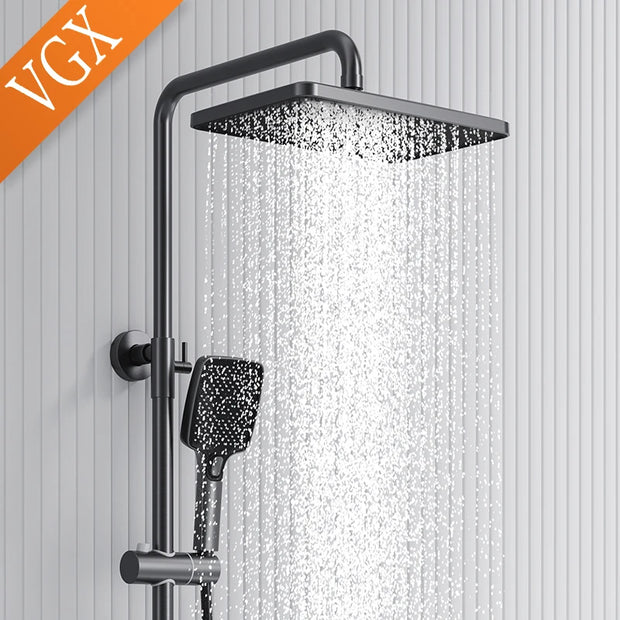 VGX Thermostatic Shower System Set Gold Shower Set Luxury Bathroom Shower Faucet Set Brass Rainfall Bathroom Shower Set Grey