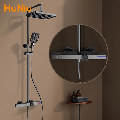 Huniu Thermostatic Shower System Set Gold Shower Set Luxury Bathroom Shower Faucet Set Brass Rainfall Bathroom Shower Set Grey