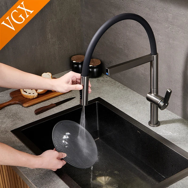 VGX Kitchen Faucet Sink Faucets Rubber Pull Down Stream Sprayer Taps Rotatable Kitchen Mixer Water Tap Hot Cold Crane Brass Grey