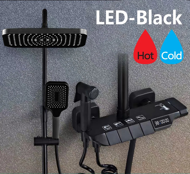 Grey Shower System Set Bathroom Digital LED Rain Showers Faucet Brass Bath Thermostat Rainfall Shower 4 Way with Bidet Taps Sets
