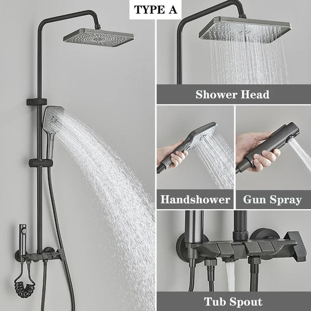 Grey Shower System Set Bathroom Brass Showers Faucet Sets Digital 4 Way LED Rain Bathtub Hot Cold Piano Key Rainfall Shower Set