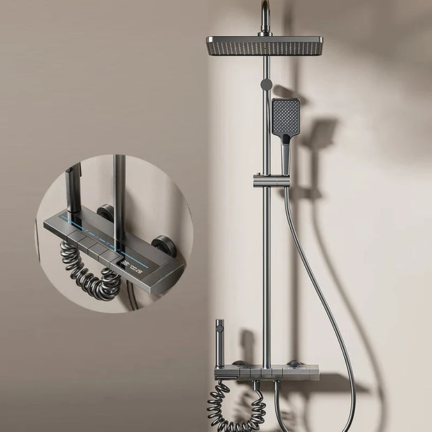 Space Aluminum Shower Set Gray Shower System Set Digital Display Piano Button With Ambient Light Bathroom Faucets Shower Head