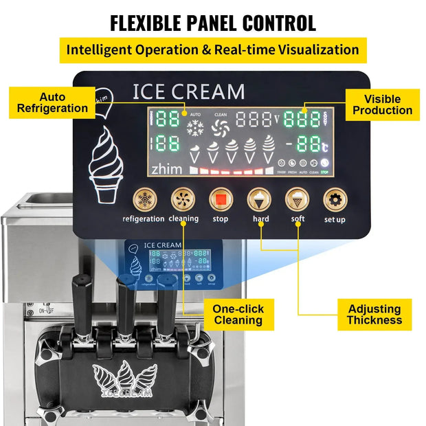 VEVOR A168 Commercial Soft Ice Cream Machine 3 Flavors 16-18L/H Ice Cream Soft Serve Maker 60HZ Lcd Panel One-click Cleaning