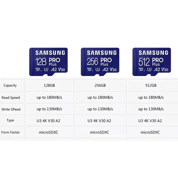 Samsung Pro Plus Memory Card 512GB 256GB 128GB U3 V30 A2 High Speed UHS-I Class 10 TF Card Memory Card Pro PLUS Micro SD Card