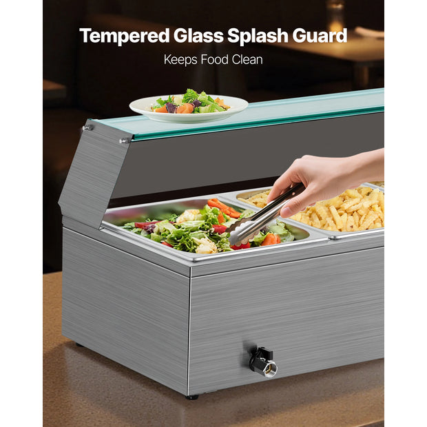 SucceBuy Commercial Food Warmer Electric Stainless Steel Steam Food Warmer with Glass Cover 3-Pan Countertop Buffet Bain Marie