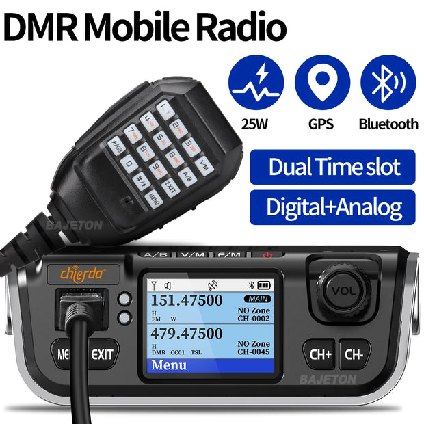 Chierda M520D Dual Band DMR Digital Mobile Radio 25W GPS Dual Mode Analog Dual Time Slot Bluetooth 3000CH VHF UHF Walkie Talkie