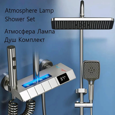 White Grey Rainfall Shower System Suit Brass LED Digital Smart Bathroom Faucet Bathtub 4 Way Square Shower Full Set with Lamp