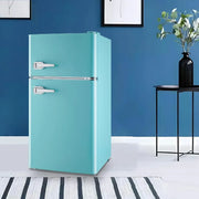 Compact Double Door Mini Fridge with Freezer for Dorm Office and Apartment Featuring Adjustable Glass Shelves Detachable Handle