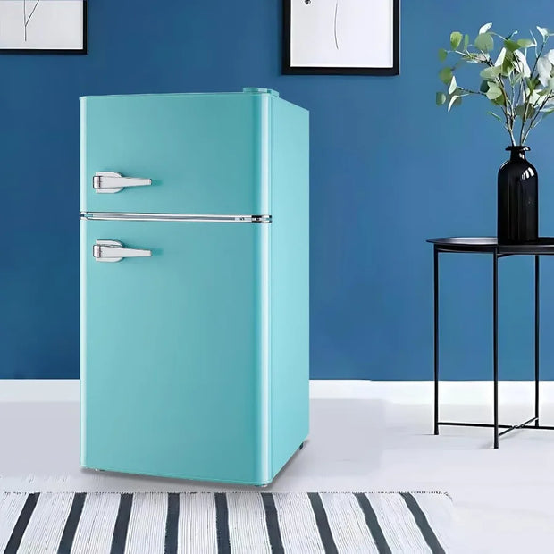 Compact Double Door Mini Fridge with Freezer for Dorm Office and Apartment Featuring Adjustable Glass Shelves Detachable Handle