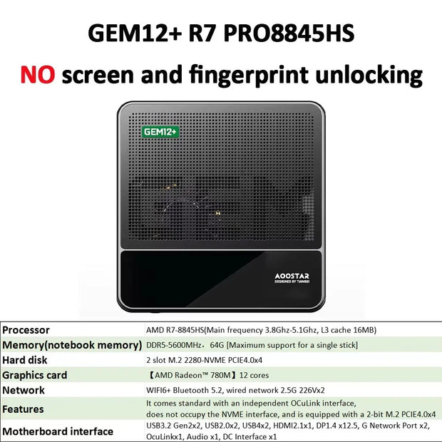 AOOSTAR GEM12+ Mini PC AMD Ryzen 7 PRO 8845HS 5.1GHz 32GB DDR5 1TB SSD Radeon 780M WiFi6 BT5.2 USB4 HDMI2.1 Mini PC Windows 11