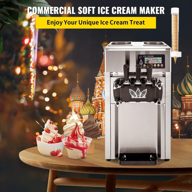 VEVOR A168 Commercial Soft Ice Cream Machine 3 Flavors 16-18L/H Ice Cream Soft Serve Maker 60HZ Lcd Panel One-click Cleaning
