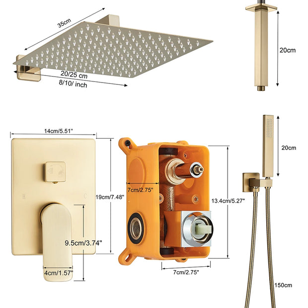 POIQIHY Brushed Golden Shower Faucets Wall Mount Concealed Shower Set Rainfall Bath Shower Mixers 2 ways Bathroom Mixer Tap