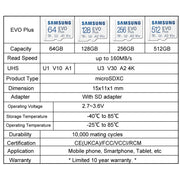 Samsung MicroSD 512GB 256GB 128GB 64GB Memory Card EVO Plus U3 V30 A2 Read Speed up to 130MB/s gaming console tablet memory card