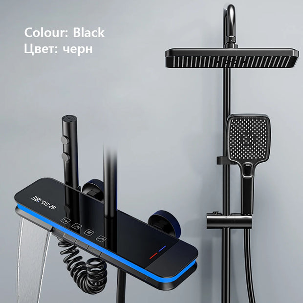 Luxury Shower System Set Waterfall Rainfall Black Bathroom Smart Faucet Digital Display Bathtub Thermostat Mixer Shower Full Set