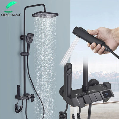 Piano Digital Shower Set Intelligent Brass Bathroom Faucets Hot Cold Waterfall Tap Rainfall Gray Shower System chuveiro
