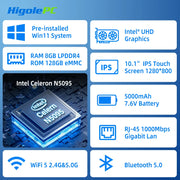 Higole F10 10.1'' Fanless Mini PC Intel N5095 Windows 11 WiFi5 8GB 128GB 5000mAh 4K RS-232 RJ45 Laptop Desktop PC Mini Computer