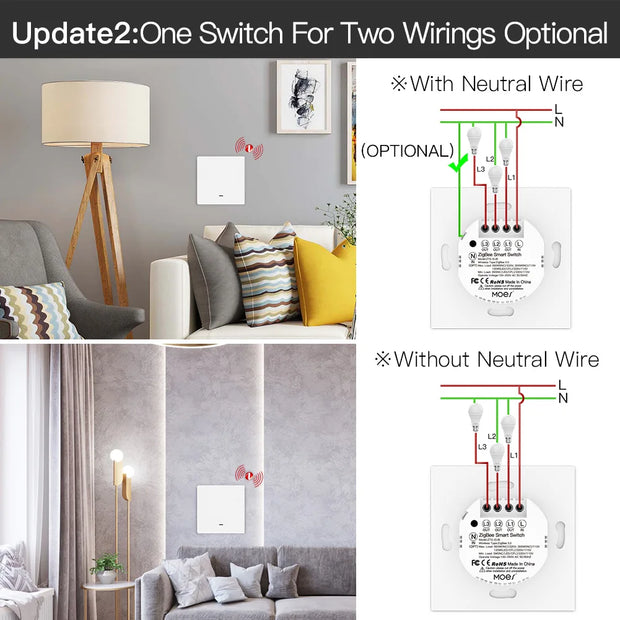 MOES Smart Light Switch Tuya ZigBee No Neutral Wire No Capacitor Needed Smart Life 2/3 Way Works with Alexa Google Home 2mqtt