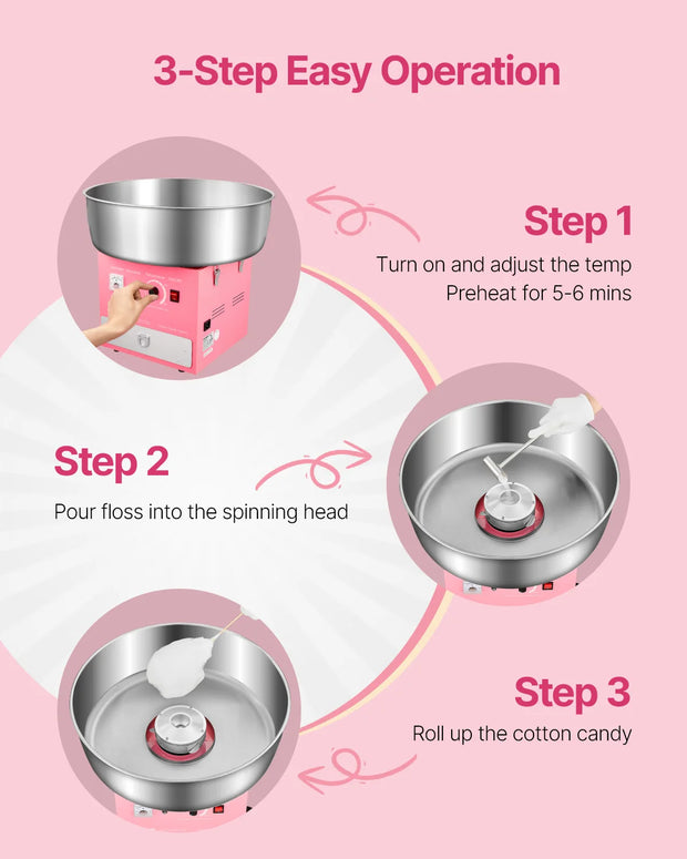 SucceBuy Electric Cotton Candy Machine Commercial Candy Floss Sugar Maker with 20.5 in Stainless Steel Bowl Sugar Scoop Pink