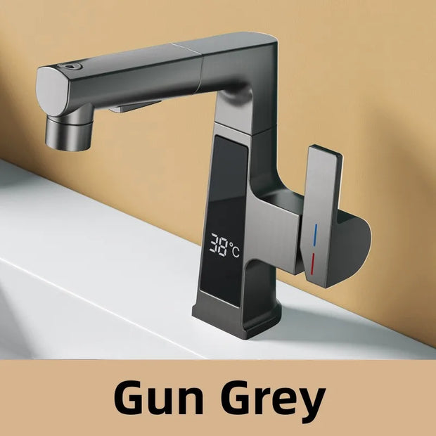 LED Bathroom Faucet Intelligent Temperature Sensor Digital Display Faucet Brass Basin Taps Cold Hot Water Pull Out Lifting