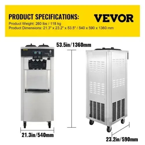 VEVOR Commercial Soft Ice Cream Maker Machine 2200W 20-28L/H Ice Cream Maker Double 6L Hoppers Ice Cream Making Machine