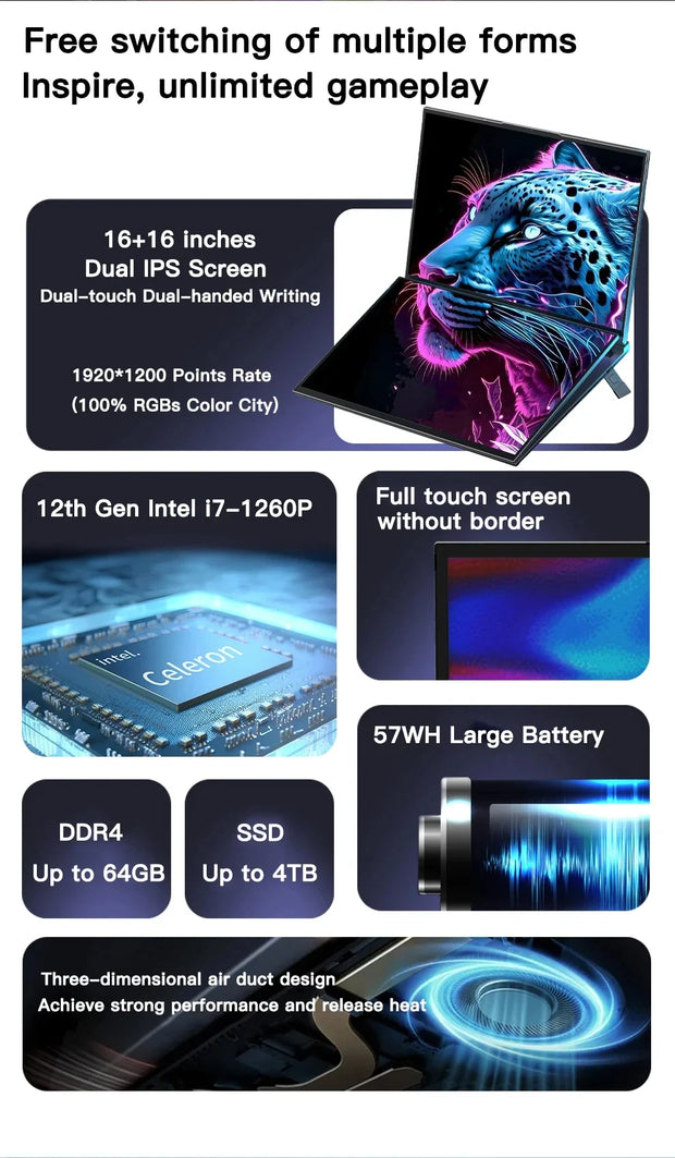 16+16 inch Dual Screen Laptop Intel i7-1360P Windows 11 2*DDR4 MAX 64GB M.2 2280 2TB SSD WIFI  Double Screen Laptop Computer