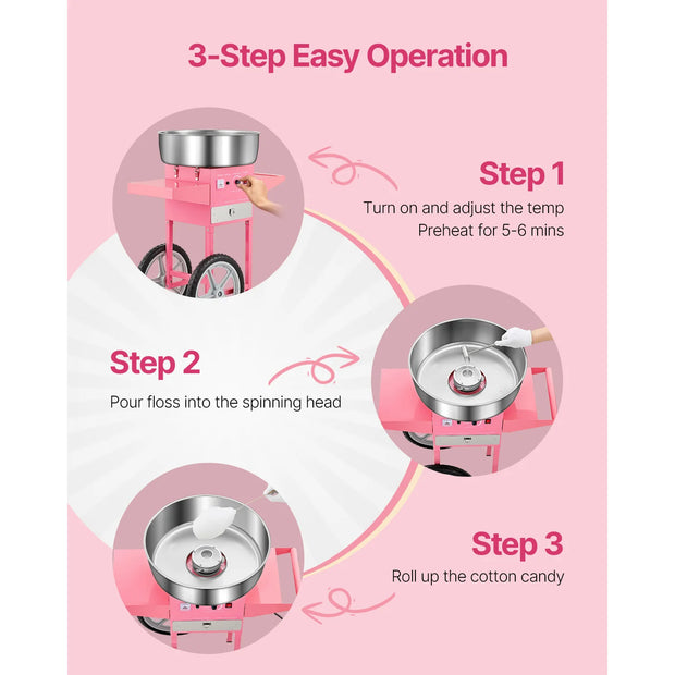 SucceBuy Electric Cotton Candy Machine with Cart Commercial Candy Floss Maker with 20.5 in Stainless Steel Bowl Sugar Scoop