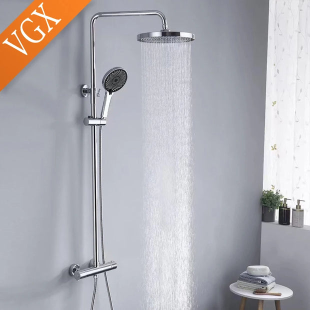 VGX Thermostatic Shower System Intelligent Brass Bathroom Shower Set 2 Function Shower System Round Shower Head Handheld Sprayer