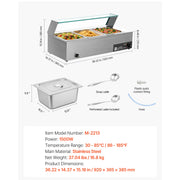 SucceBuy Commercial Food Warmer Electric Stainless Steel Steam Food Warmer with Glass Cover 3-Pan Countertop Buffet Bain Marie