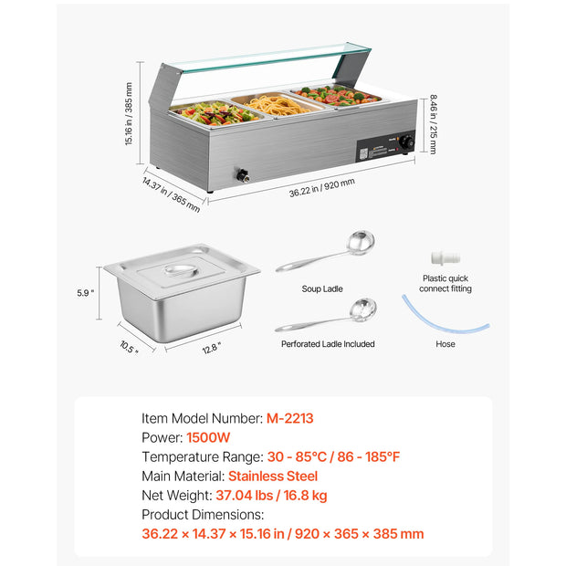 SucceBuy Commercial Food Warmer Electric Stainless Steel Steam Food Warmer with Glass Cover 3-Pan Countertop Buffet Bain Marie