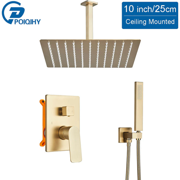 POIQIHY Brushed Golden Shower Faucets Wall Mount Concealed Shower Set Rainfall Bath Shower Mixers 2 ways Bathroom Mixer Tap