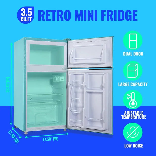Compact Double Door Mini Fridge with Freezer for Dorm Office and Apartment Featuring Adjustable Glass Shelves Detachable Handle