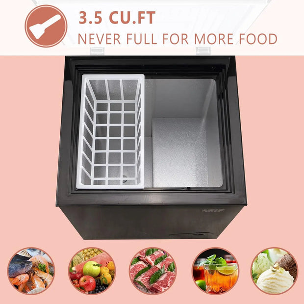KRIB BLING 3.5 Cu.Ft Compact Chest Freezer with Removable Basket, Krib Bling Top Door Open Freestanding Deep Freezer with 7 Gear