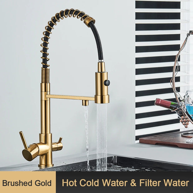 Pull Down Filter Kitchen Faucet 3 Ways Drinking Pure Water Faucets Brass 360° Flexible Purification Water Mixer Tap