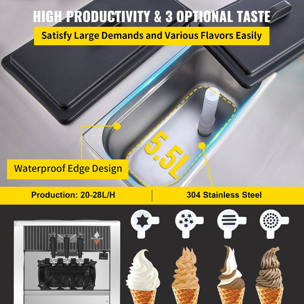 VEVOR Commercial Soft Ice Cream Machine, 2200W Serve Yogurt Maker, 3 Flavors Ice Cream Maker, 5.3 to 7.4 Gallons per Hour