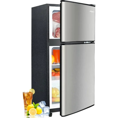 Compact 3.2 Cu.Ft TwoDoor Refrigerator with Freezer and 7 Adjustable Temperature Levels for Efficient Food and Drink Storage in