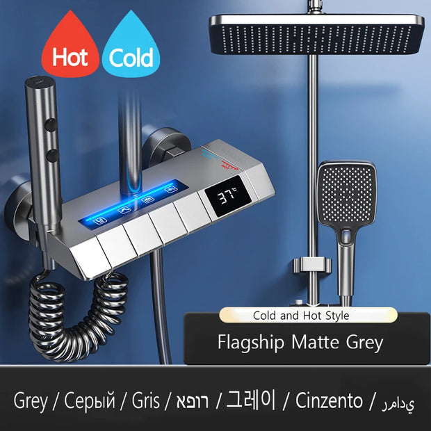 White Grey Rainfall Shower System Suit Brass LED Digital Smart Bathroom Faucet Bathtub 4 Way Square Shower Full Set with Lamp